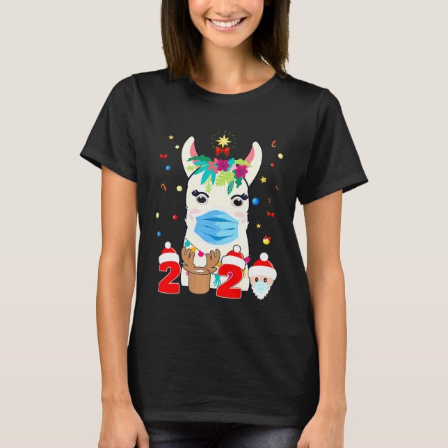 llama christmas 2020 merry quarantine llama wearin T-Shirt (Front)