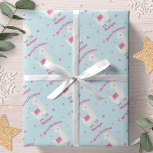 llama Christmas Blue Snow Stars Personalised Wrapping Paper