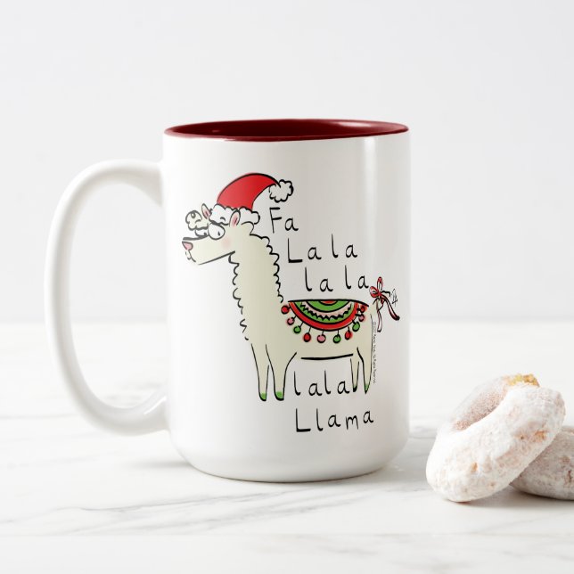 Llama Christmas Kids Cute Funny Two-Tone Coffee Mug (With Donut)
