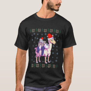 Llama Christmas  Kids Santa Hat Sloth Panda Lover T-Shirt