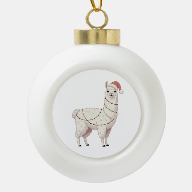 Llama Christmas Lights Sturdy Animals Lover Alpaca Ceramic Ball Christmas Ornament (Front)