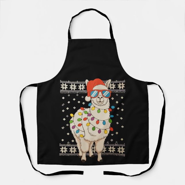 Llama Christmas Lights Ugly Xmas Sweater Holiday Apron (Front)