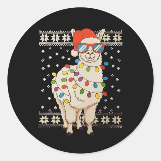 Llama Christmas Lights Ugly Xmas Sweater Holiday Classic Round Sticker (Front)