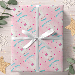 llama Christmas Pink Snow Stars Personalised Wrapping Paper