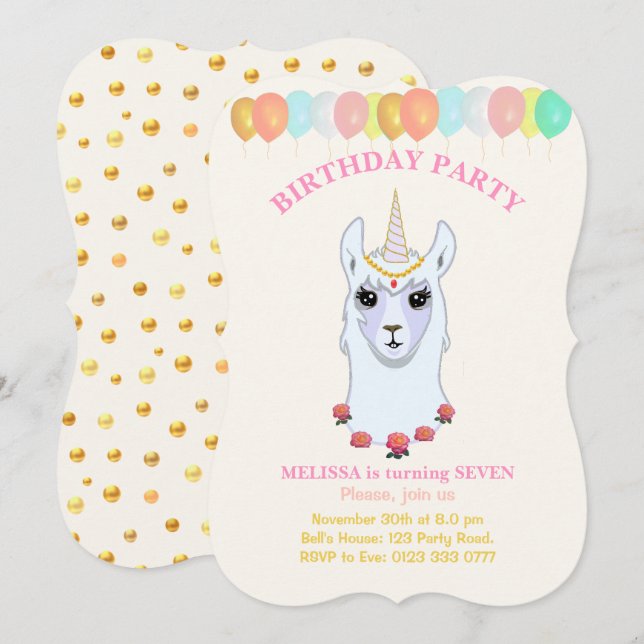 Llama-corn 7th Birthday Party Invitation (Front/Back)