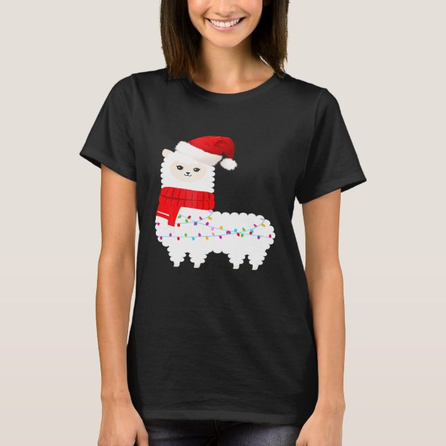 llama Cute Santa Alpaca Christmas Light T-Shirt (Front)