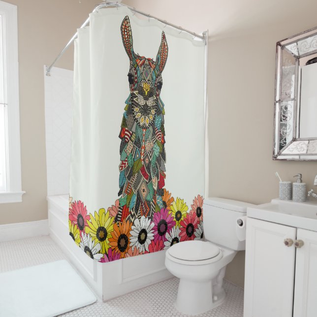 llama daisy love chalk shower curtain (In Situ)