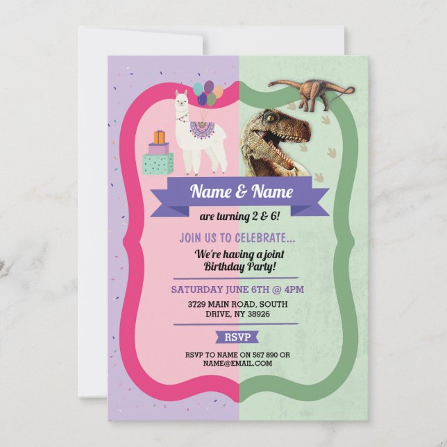 Llama & Dinosaur Invitations Boy Girl Birthday (Front)