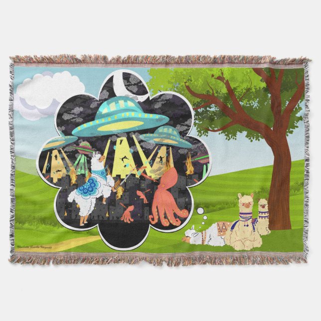 Llama dreams Epic Octopus vs llama sword fight Throw Blanket (Front)