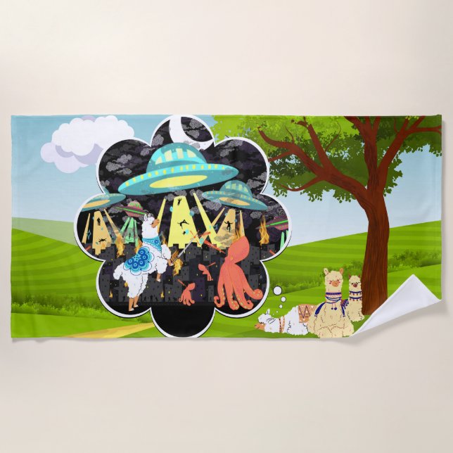 Llama Dreams Llama vs Evil Squid Epic Space Battle Beach Towel (Front)