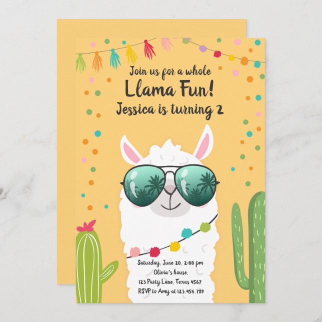 Llama Fiesta Birthday Alpaca Fiesta Yellow Girl Invitation (Front/Back)