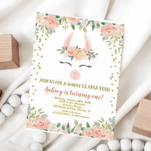 Llama Fiesta Gold Glitter Girl Birthday Invitation