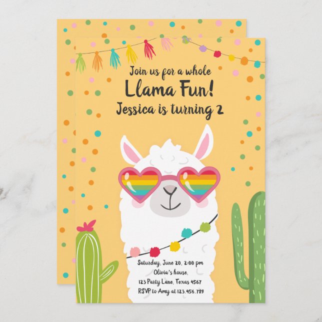 Llama Fiesta Heart Sunglasses Birthday Invitation (Front/Back)