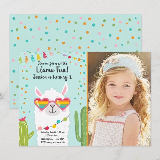 Llama Fiesta Heart Sunglasses Birthday Invitation (Front/Back)
