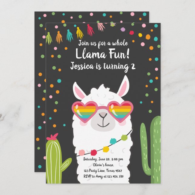 Llama Fiesta Heart Sunglasses Birthday Invitation (Front/Back)