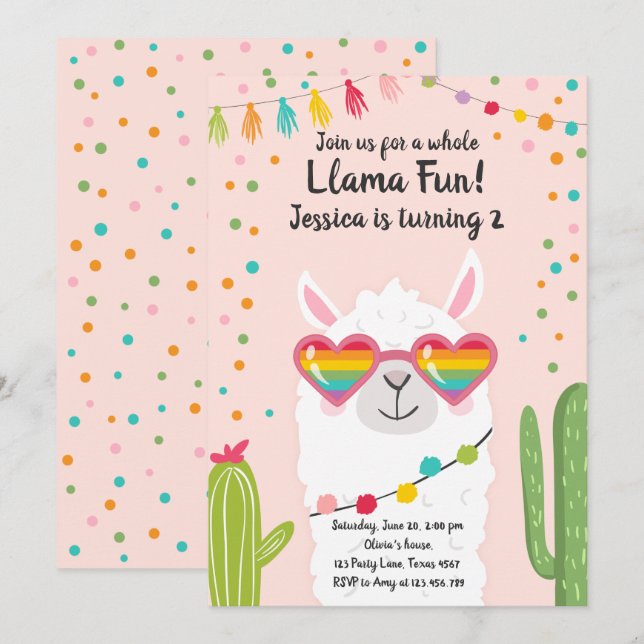 Llama Fiesta Heart Sunglasses Birthday Invitation (Front/Back)