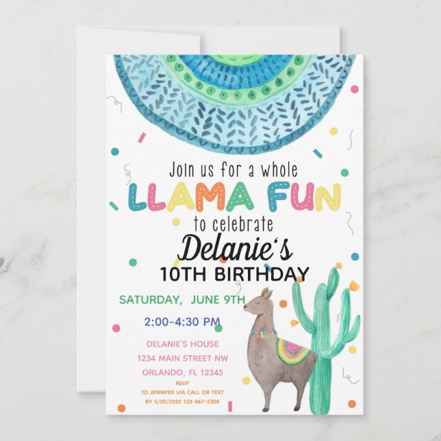 Llama Fiesta Mexican Theme Birthday Invitation (Front)