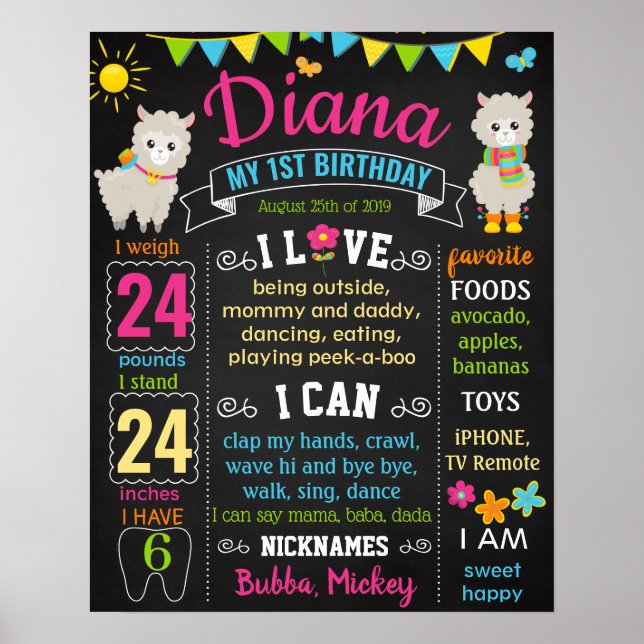 Llama First birthday chalk board Poster (Front)