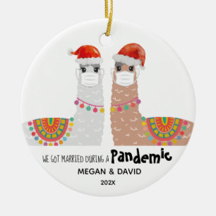 Llama First Pandemic Married Funny Santa Hat Ceramic Tree Decoration
