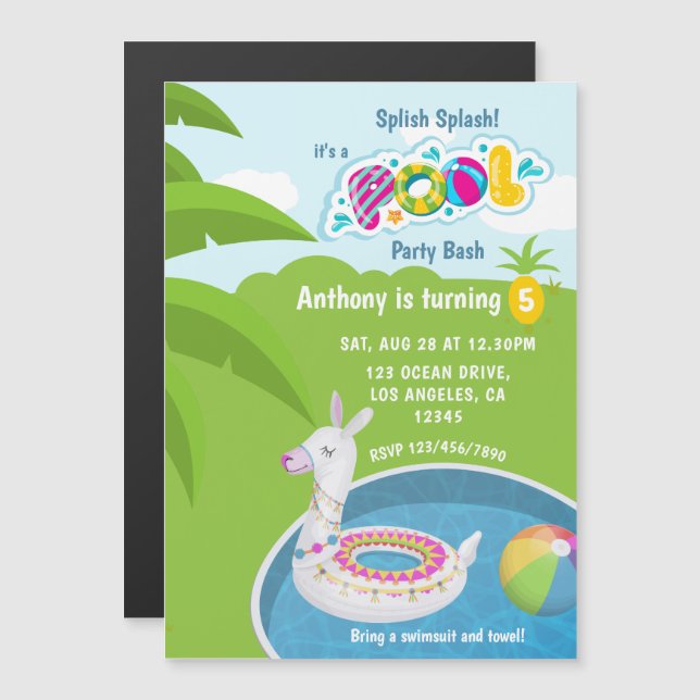 Llama Floatie Pool Birthday Party Magnetic Invitation (Front/Back)