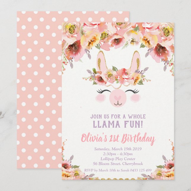 Llama Fun 1st Birthday Invitations Girls Floral (Front/Back)