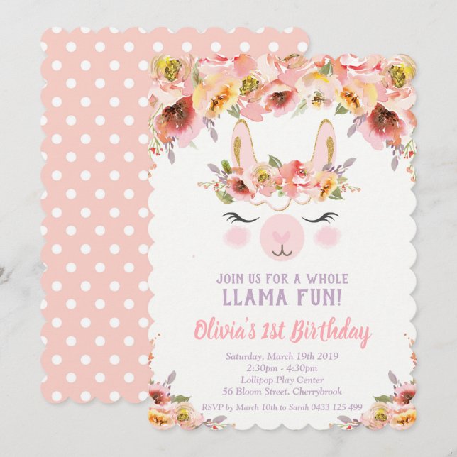 Llama Fun 1st Birthday Invitations Girls Floral (Front/Back)
