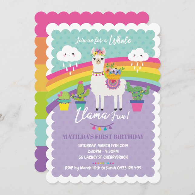 Llama Fun 1st Birthday Party Invitations Alpaca (Front/Back)
