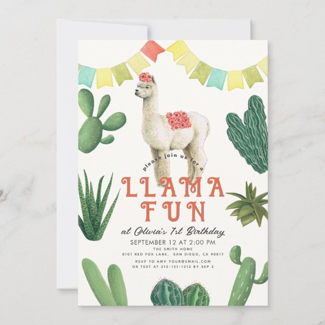 Llama Fun Alpaca Cactus 1st Birthday Invitation (Front)