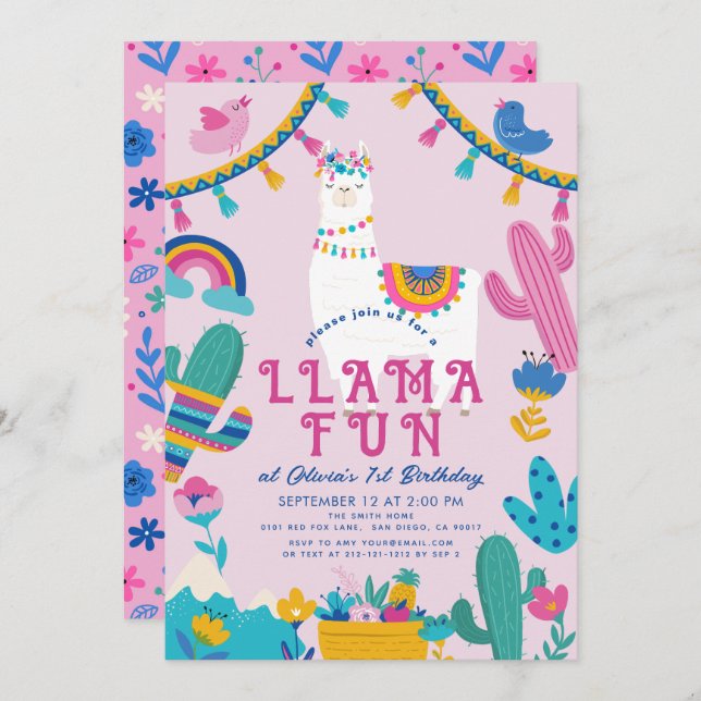 Llama Fun Alpaca Girl Pink 1st Birthday Invitation (Front/Back)