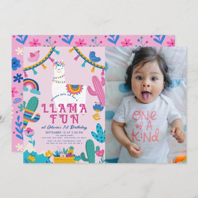 Llama Fun Alpaca Girl Pink 1st Birthday Photo Invitation (Front/Back)