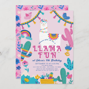 Llama Fun Alpaca Girl Pink Birthday Invitation