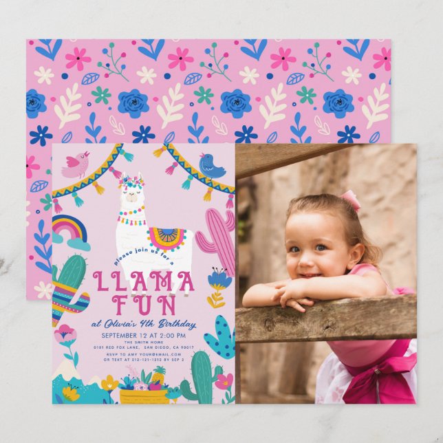 Llama Fun Alpaca Girl Pink Birthday Photo Invitation (Front/Back)