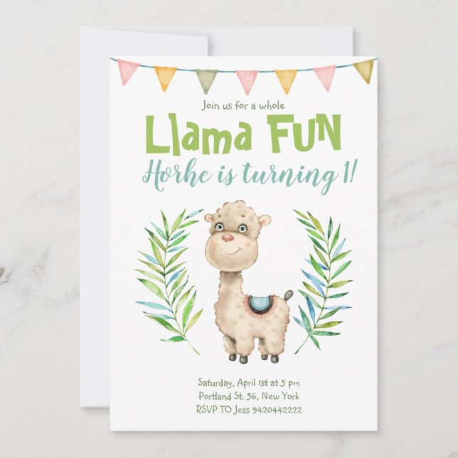 Llama Fun Alpaca Watercolor Birthday Invitation  (Front)