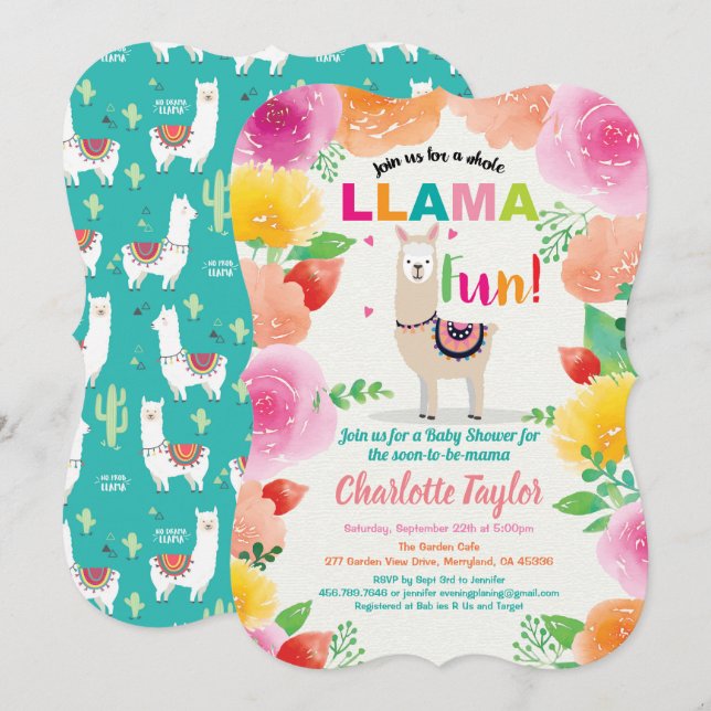 Llama fun baby shower invitation. Foloral alpaca Invitation (Front/Back)
