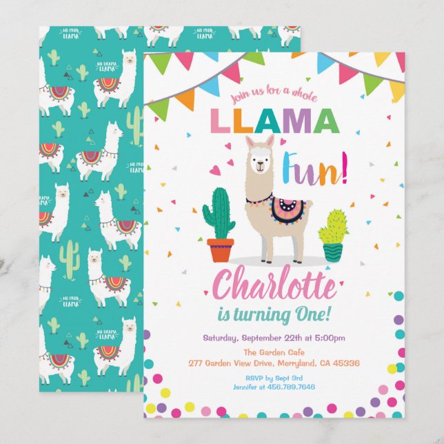 Llama fun birthday invitation. Girl first 1st bday Invitation (Front/Back)