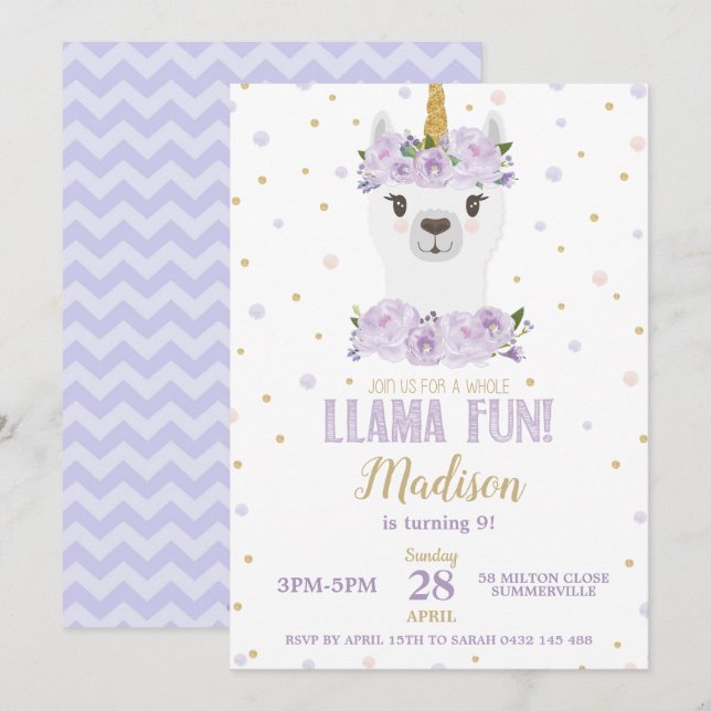 Llama Fun Birthday Party Purple Floral Girl Invitation (Front/Back)