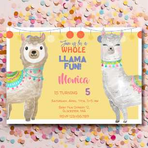 LLama fun, colorful kids birthday in yellow Invitation