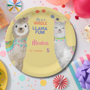 LLama fun, colorful kids birthday in yellow Paper Plate