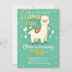 Llama Fun Gold and Green Birthday Invitation