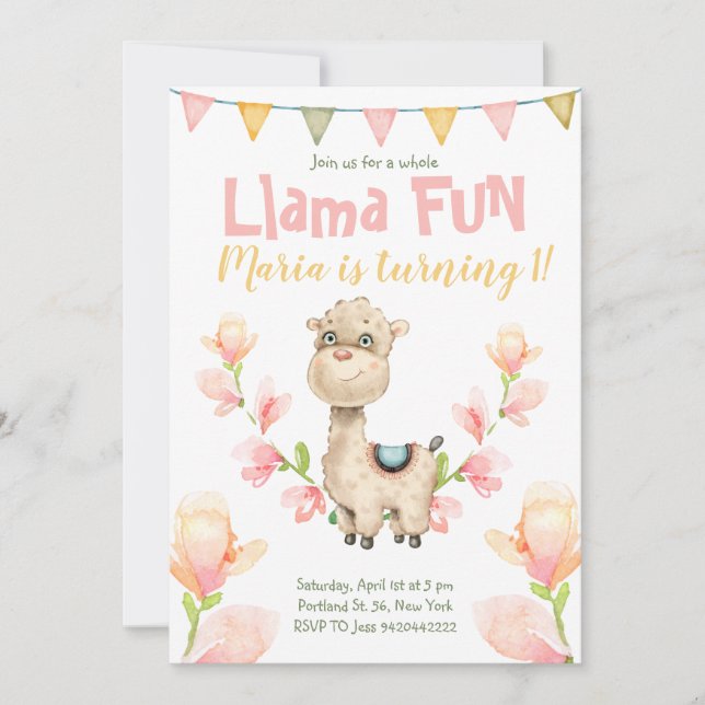 Llama Fun Pink Watercolor Birthday Invitation  (Front)