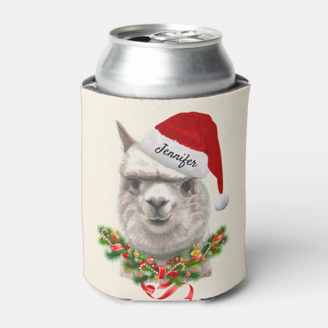 Llama Funny Christmas Stocking Stuffer Santa Hat Can Cooler (Can Front)