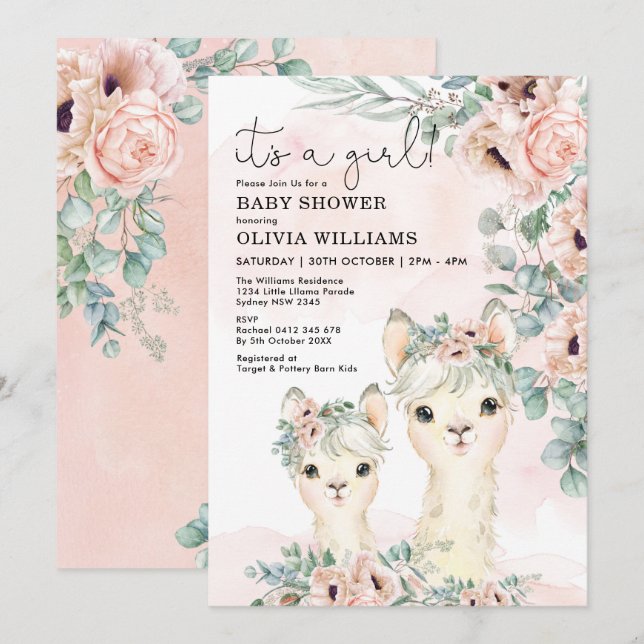 Llama Girl Baby Shower Blush Floral Eucalyptus Invitation (Front/Back)