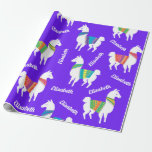 Llama Girls Birthday Custom Name and Colour Wrapping Paper<br><div class="desc">Cute little llama with girls name and customisable background colour</div>