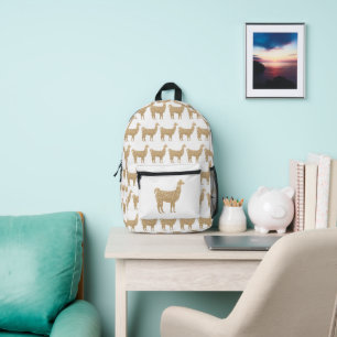 Llama gold glitter sparkles pattern white  printed backpack