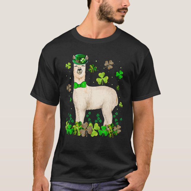 Llama Green Buffalo Plaid Lucky Shamrock St. Patri T-Shirt (Front)
