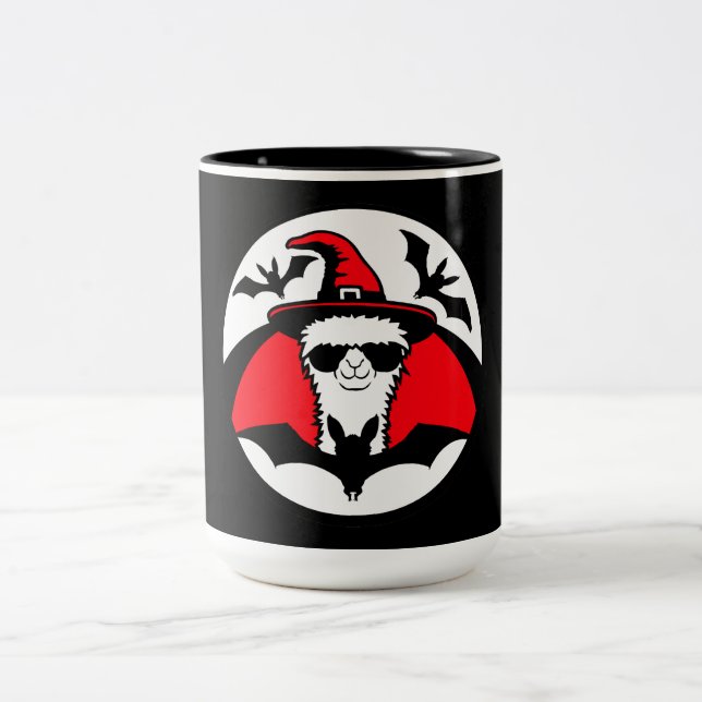 Llama Halloween Witch Hat Bats Cool Animal Party Two-Tone Coffee Mug (Center)