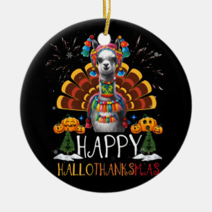 Llama Happy Hallothanksmas Halloween Thanksgiving Ceramic Tree Decoration