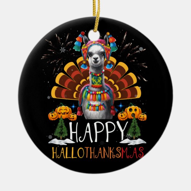 Llama Happy Hallothanksmas Halloween Thanksgiving Ceramic Tree Decoration (Front)