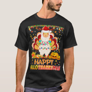 Llama Happy Hallothanksmas Halloween Thanksgiving  T-Shirt