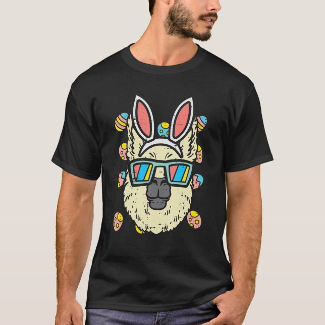 Llama Head Bunny Ears Glasses Eggs Easter Day Alpa T-Shirt (Front)